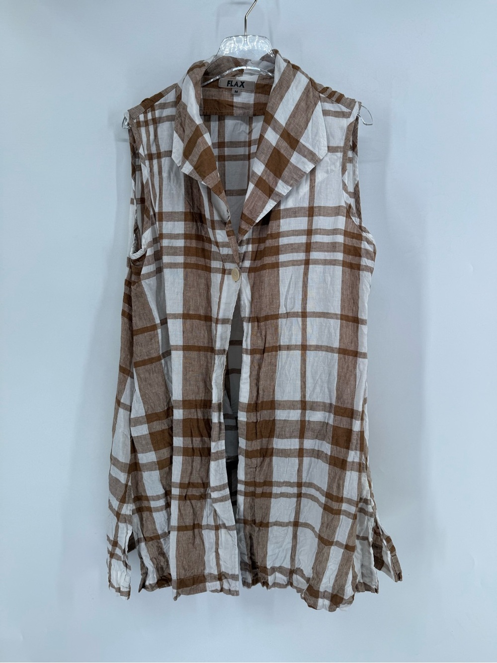 FLAX tan and white plaid linen vest size medium